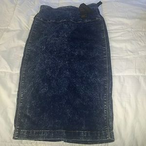 Denim Pencil Skirt with gold zipper detail.